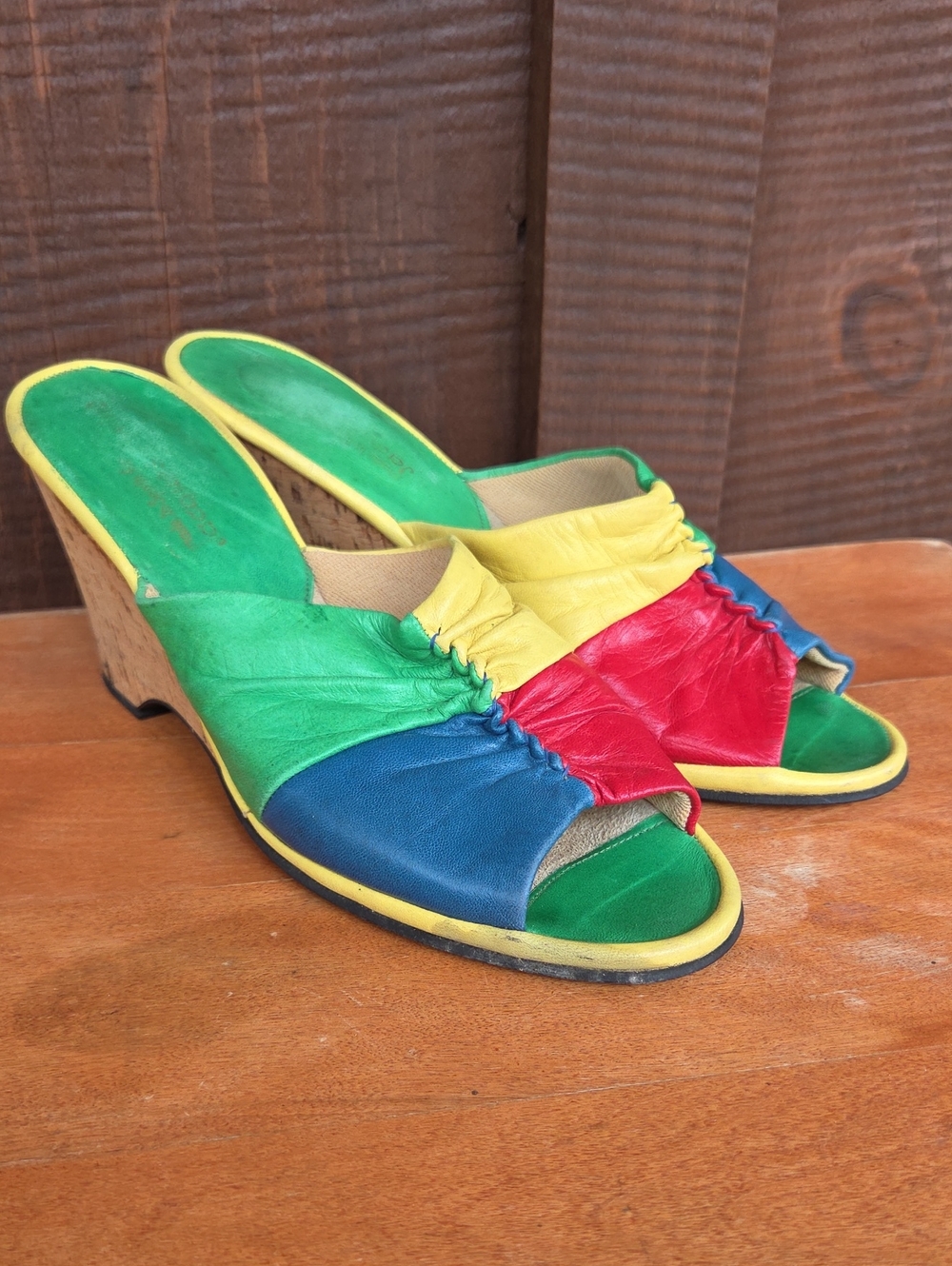Vintage Leather Cork Wedge Heels Jacques Levine Rainbow Colorful